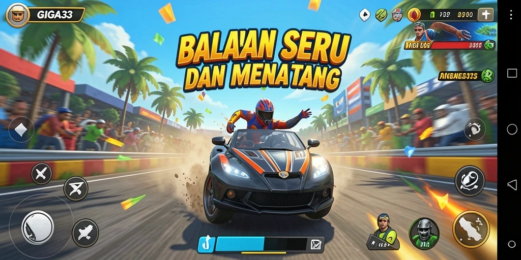 Tangkapan layar gameplay GIGA33 menunjukkan momen seru balapan di lintasan.