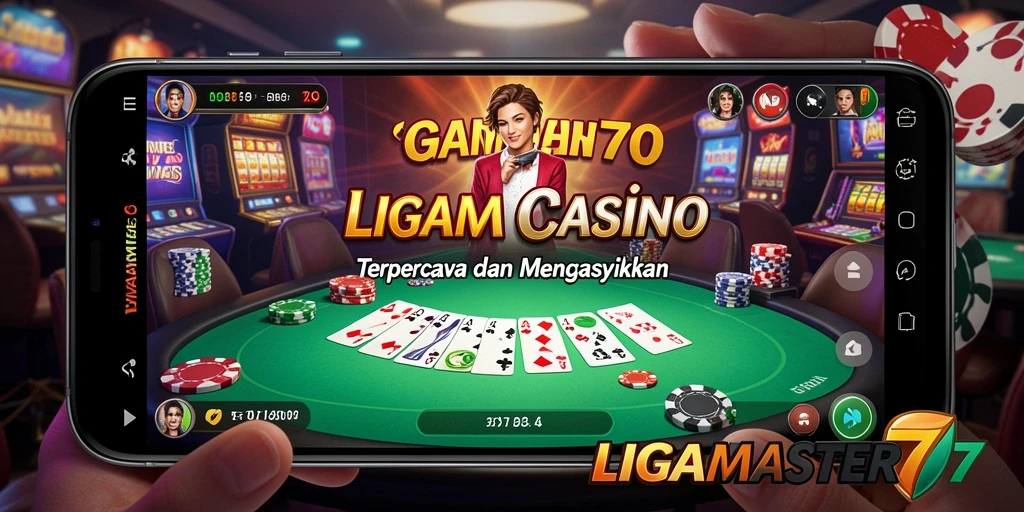 Tangkapan layar LIGAMASTER77 menampilkan dealer live yang memimpin permainan kasino.