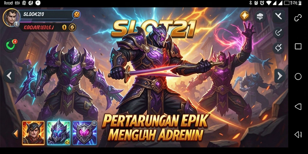 Screenshot utama menunjukkan duel seru antara dua karakter di arena pertarungan.
